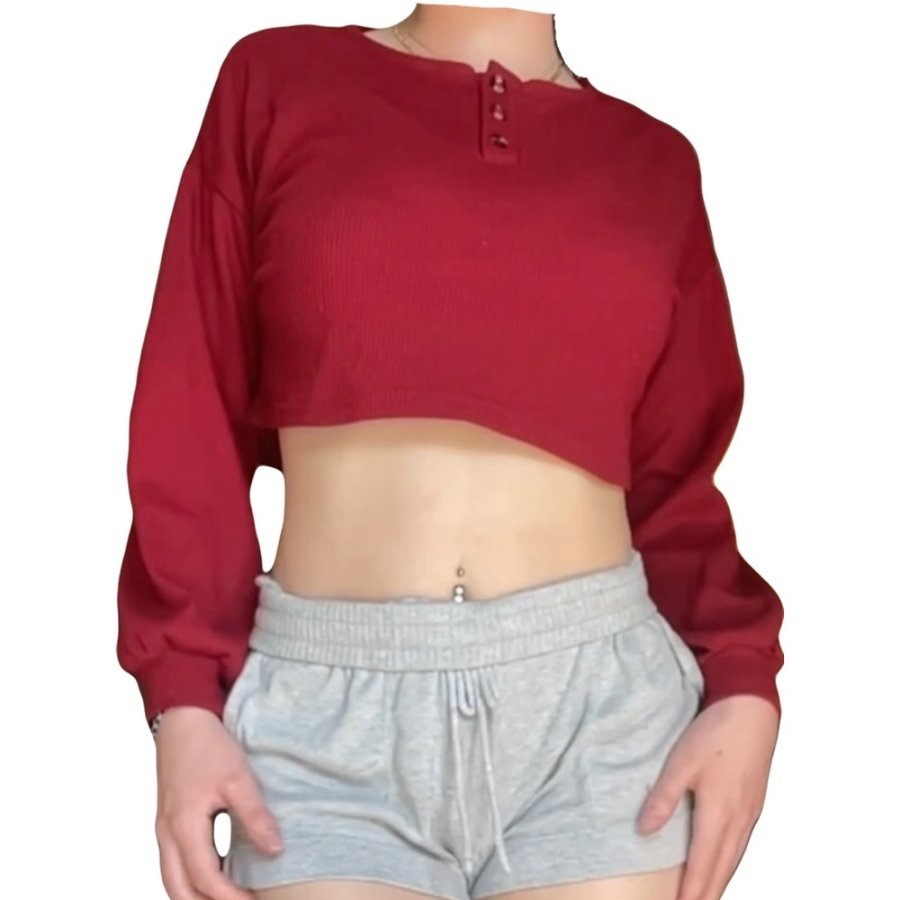Red cropped long sleeve with waffle print fabric: